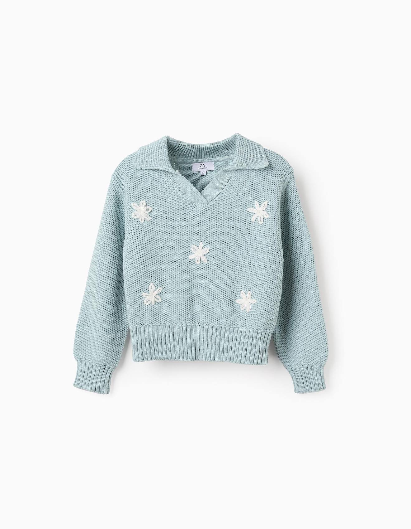 Pull En Maille Avec Broderies De Fleurs Bleu Clair