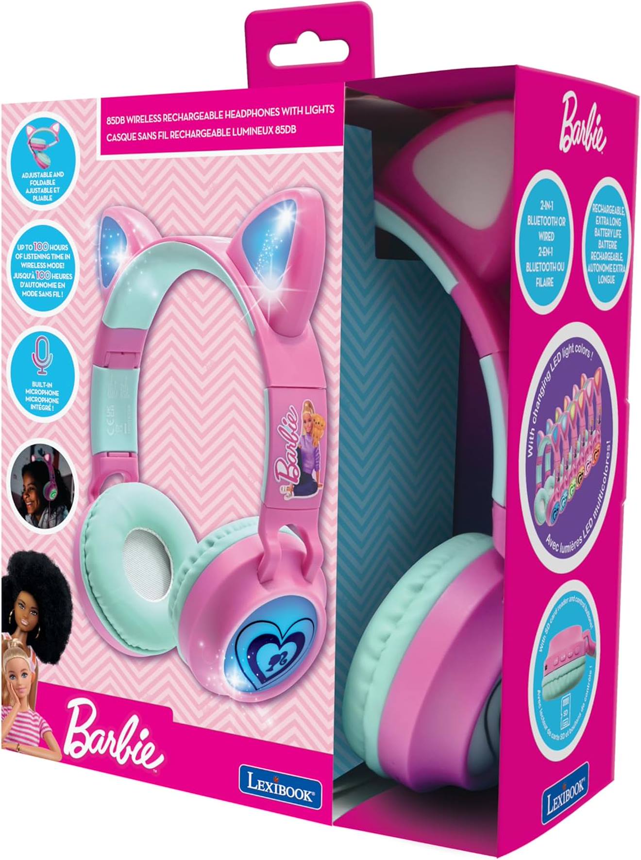 Casque Barbie Sans Fil Rechargeable Lumineux Avec Oreilles De Chat Multicolore