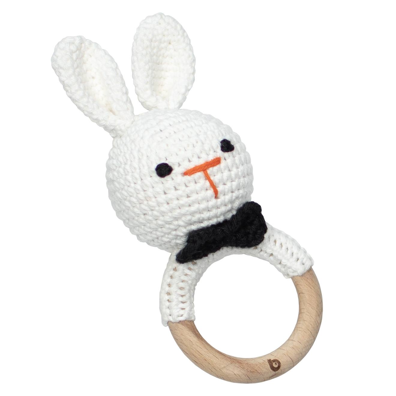 Hochet En Coton Tricot Et Bois Naturel Lapin