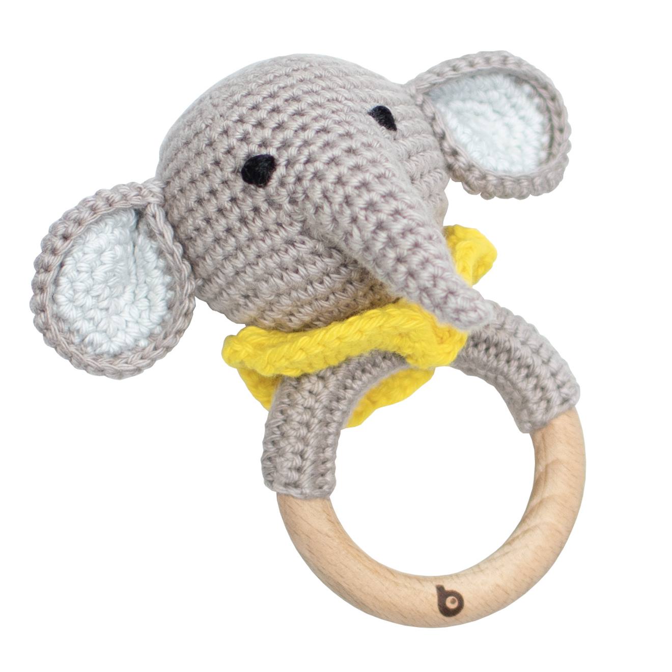 Hochet Coton Tricot Bois Naturel Elephant