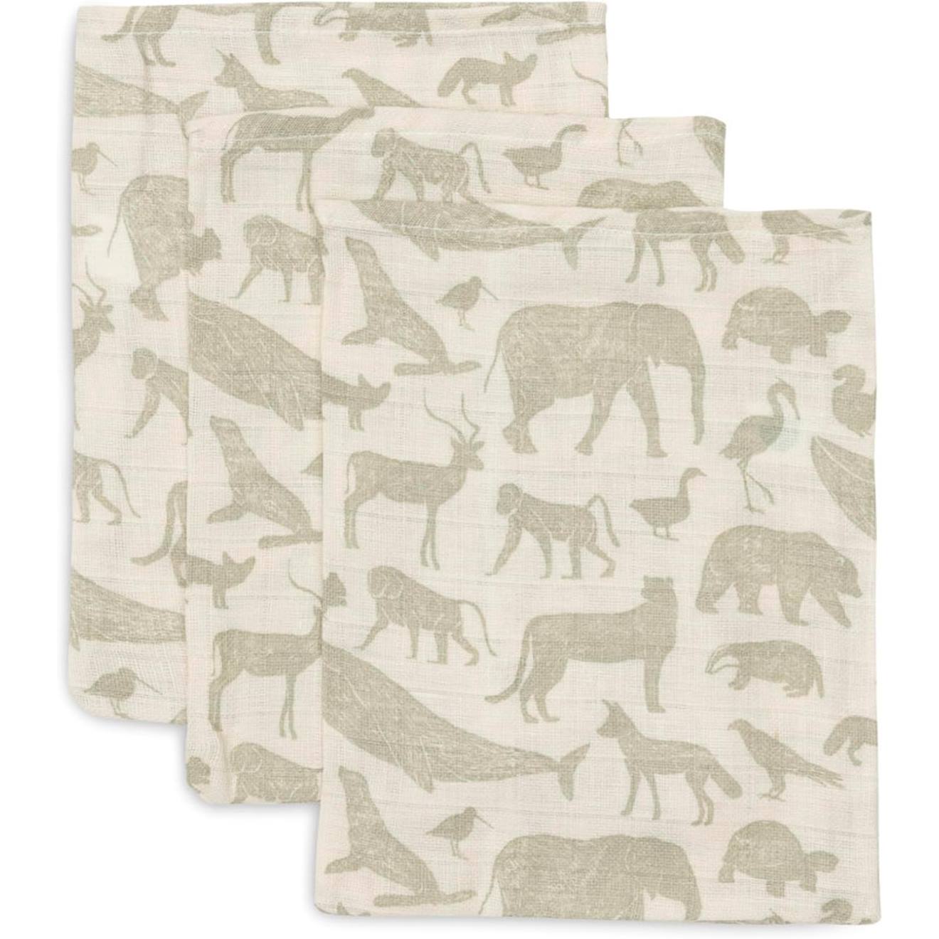Gants De Toilette En Gaze De Coton Animaux (3 Pcs) Vert Olive