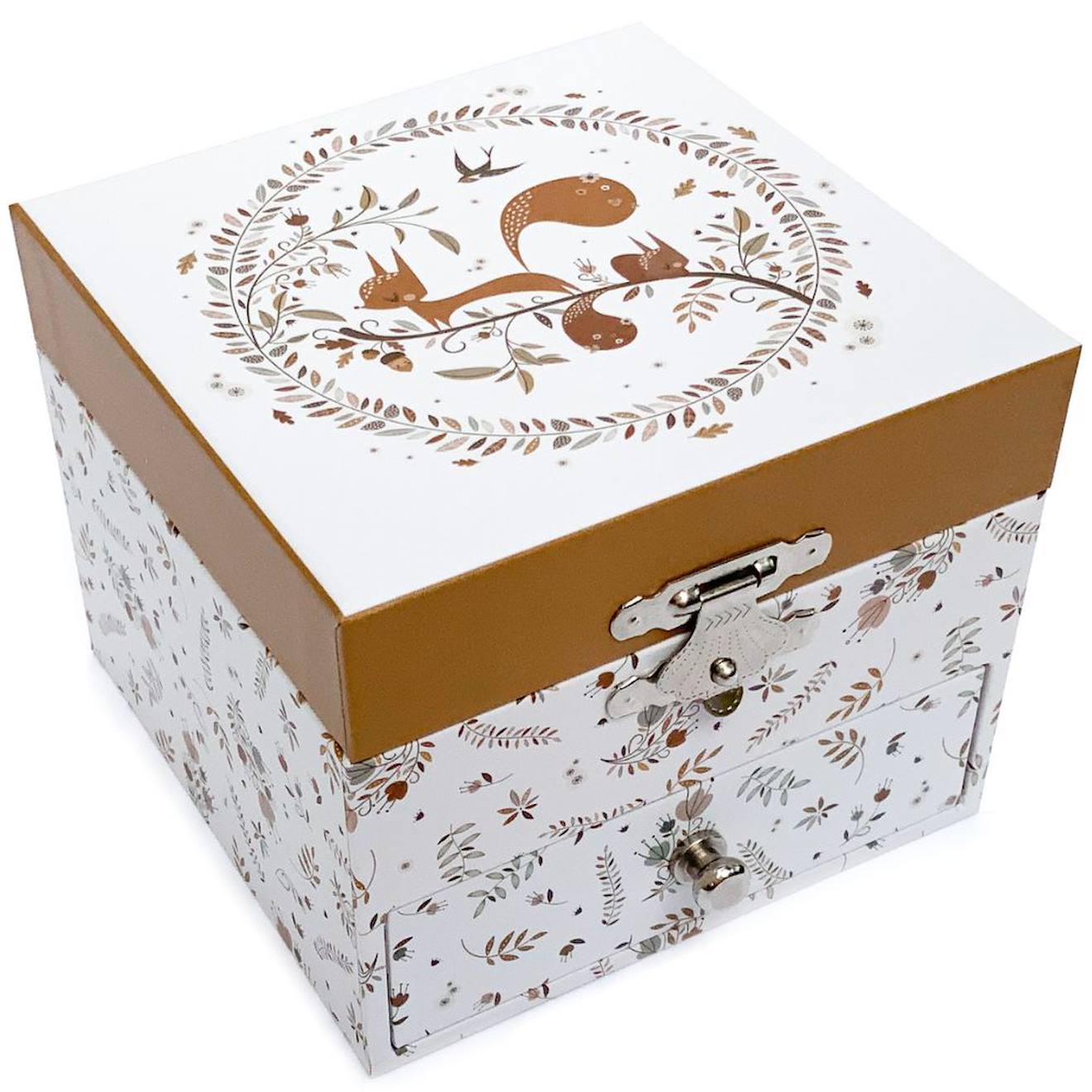 Boîte À Musique Cube Écureuil Dans La Prairie Lutin Petit Pois Beige, Marron, Vert