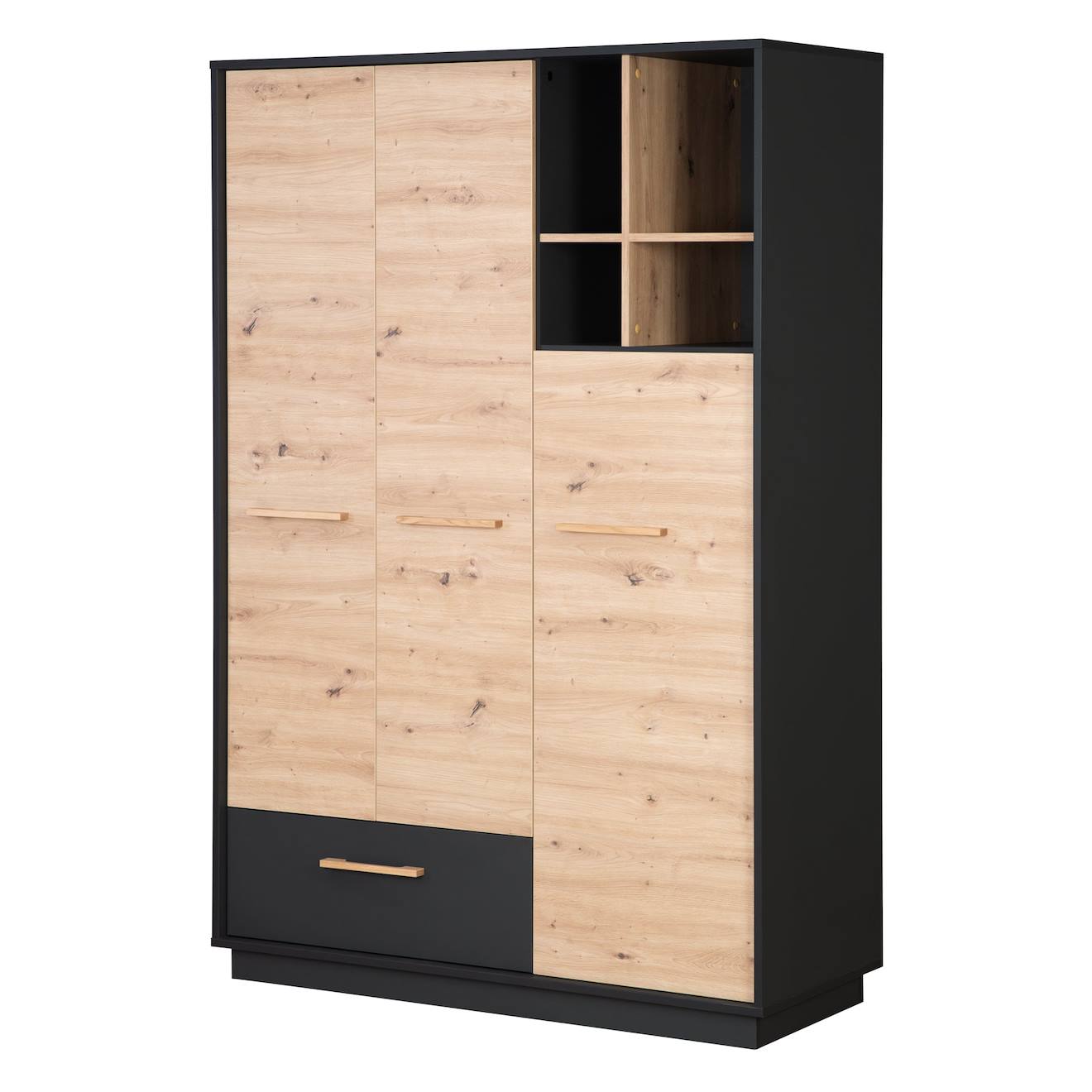 Armoire Bébé Scandinave 3 Portes Et 1 Tiroir Lenn Anthracite / Chêne Artisan