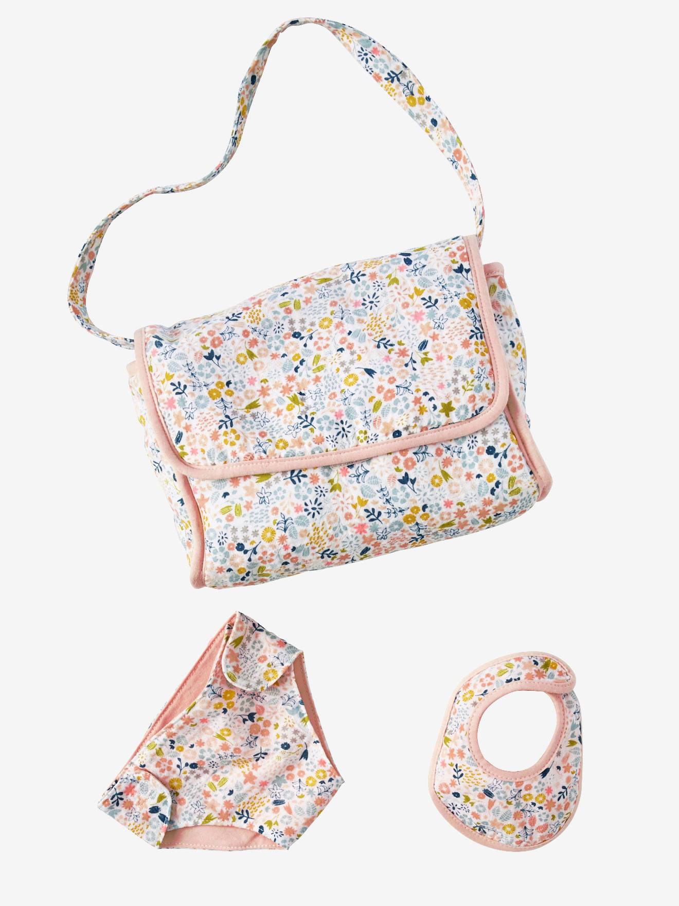 Sac à langer poupon personnalisable + couche + bavoir rose