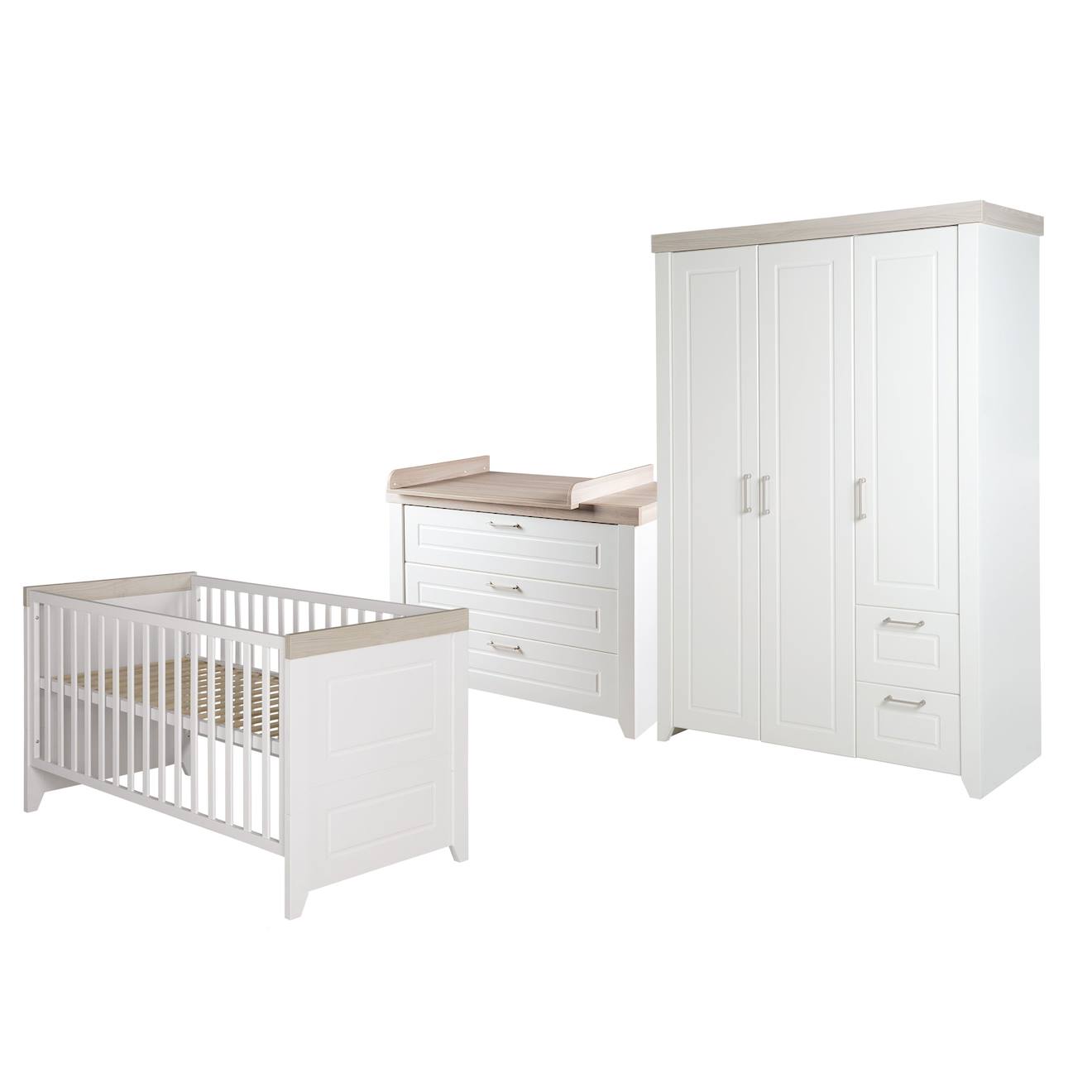Chambre Bébé Évolutive Complète - Style Rustique Moderne Avec Soft-close Felicia Blanc Cassé / Décor Luna Elm