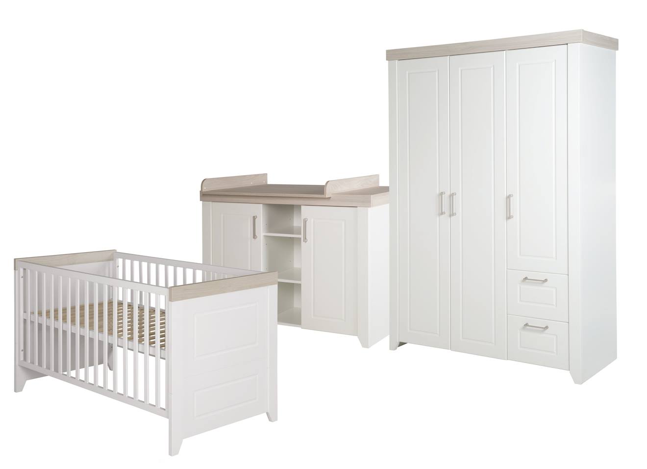 Chambre Bébé Évolutive Complète - Style Rustique Moderne Avec Soft-close Felicia Blanc Cassé / Décor Luna Elm