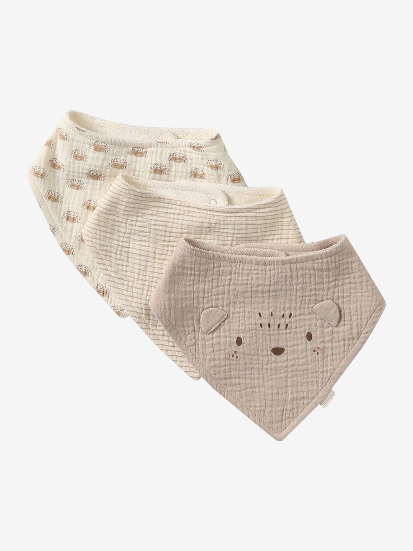 Lot de 3 bavoirs bandanas en gaze de coton cappuccino