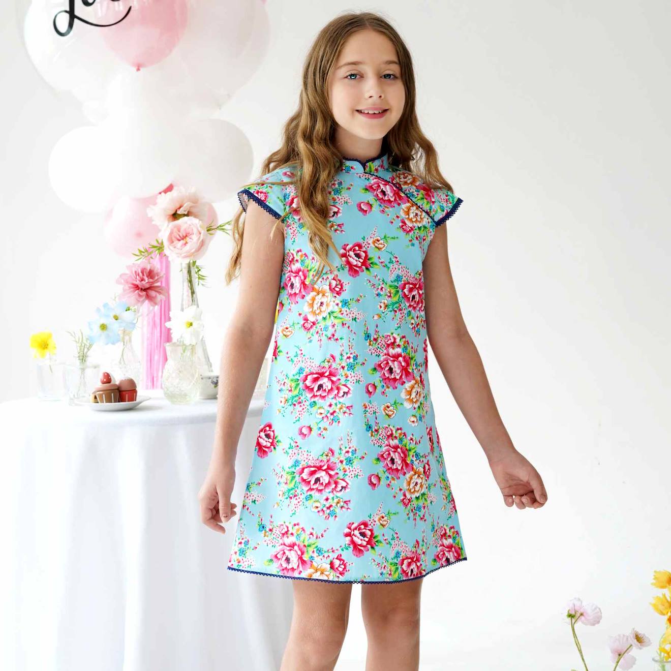 Robe Chinoise Fleurie Col Mao Annam Bleu Turquoise Fuchsia