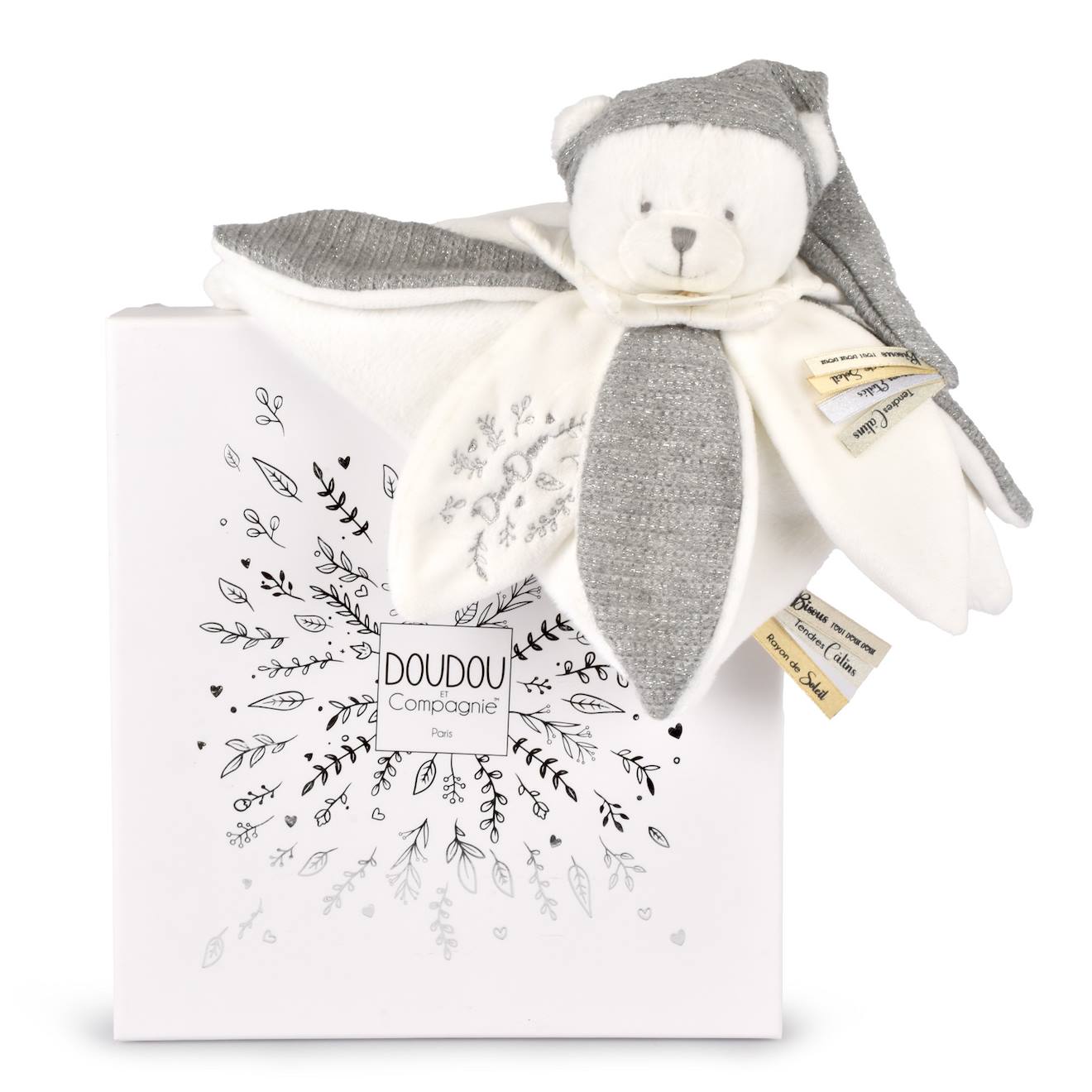 Doudou Plat Pétales Ours 25 Cm Gris