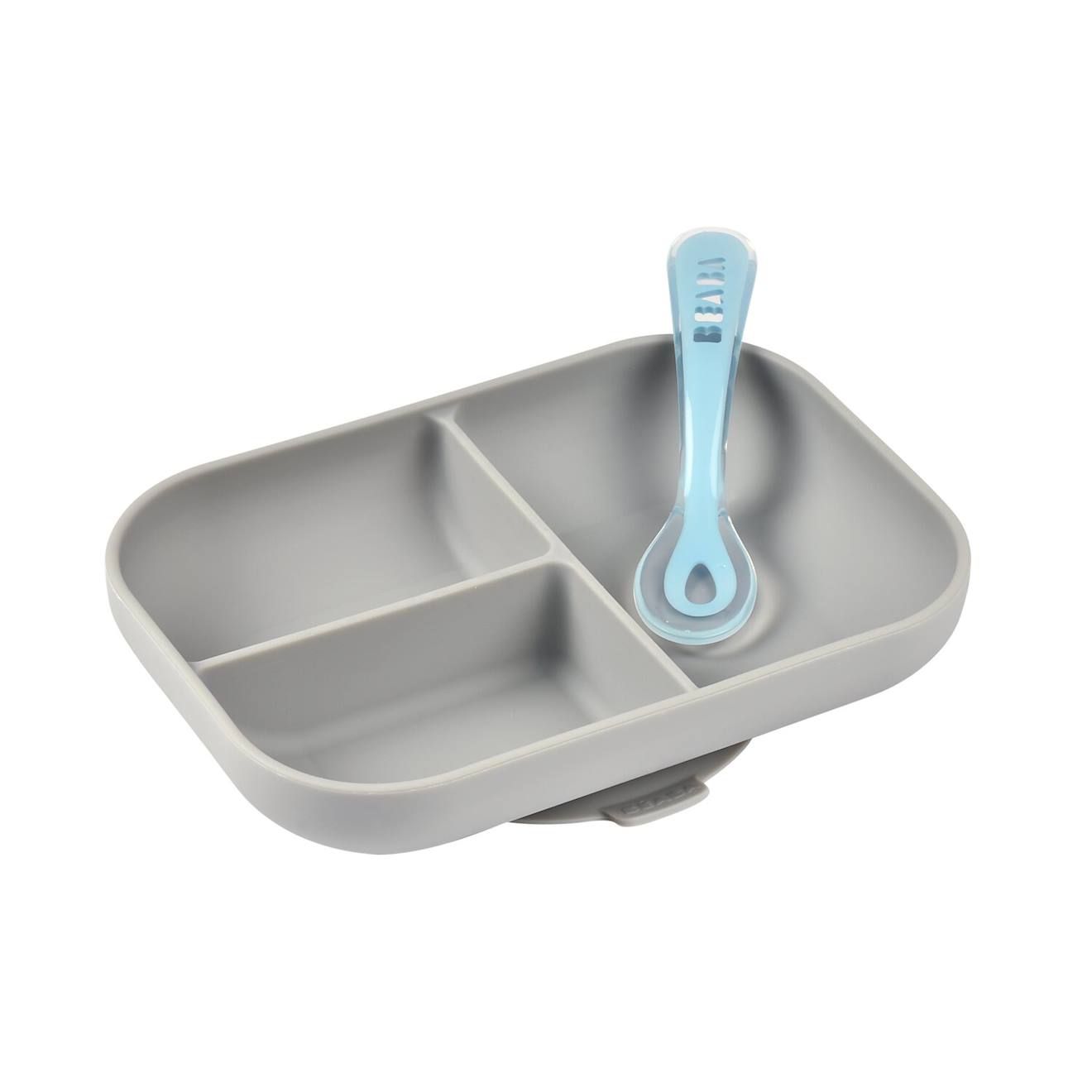 Set Repas Assiette Compartimenté Silicone Et Cuillère 2ème Age Gris Clair