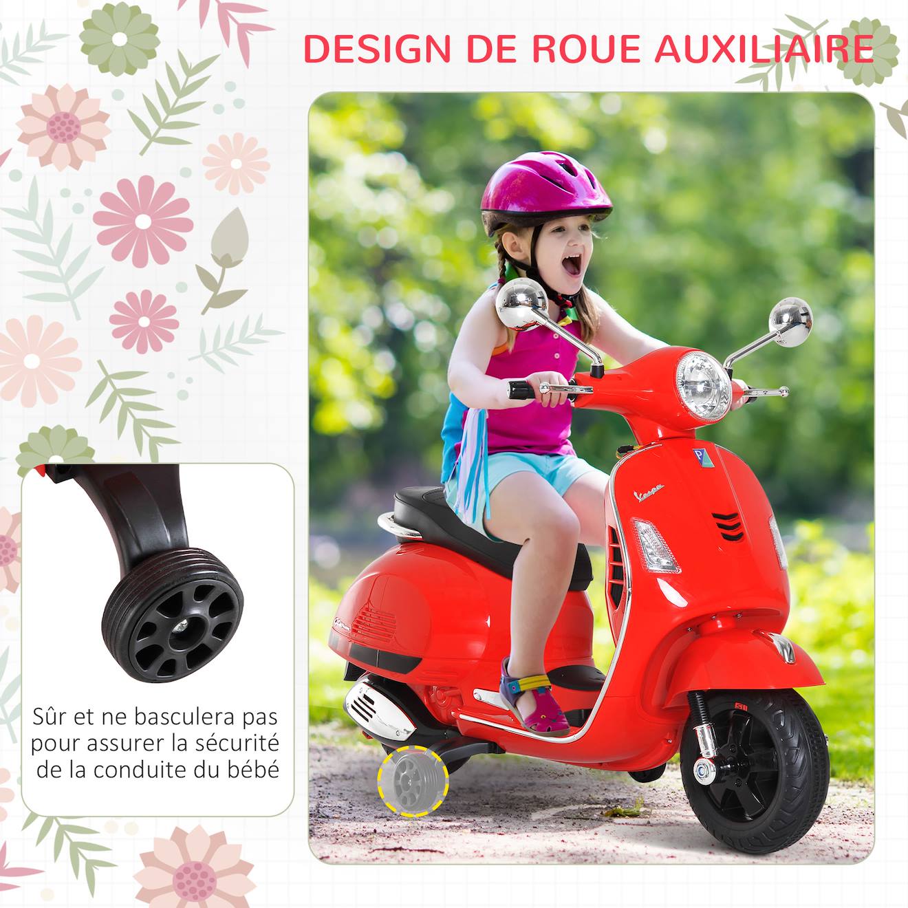 Scooter Moto Électrique Enfant Vespa 6v Musique Mp3 Port Usb Klaxon Phare Feu Ar Rouge (Homcom) - Image 1