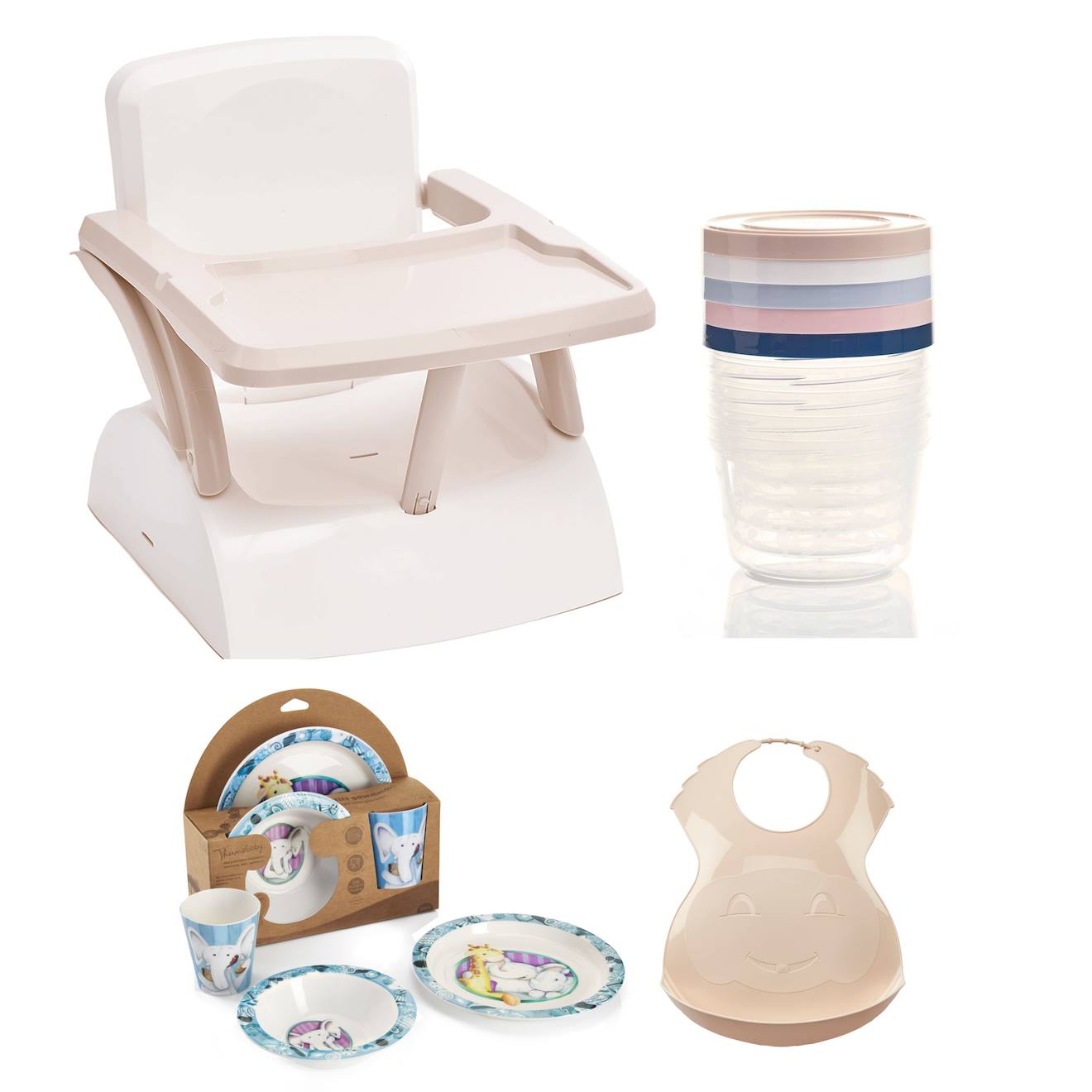Pack Repas 2ème Âge Booster De Chaise Coffrets De Conservation Bavoir Semi-rigide Beige