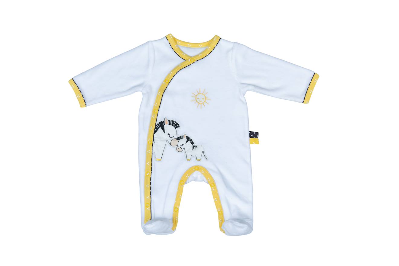 Pyjama Bébé À Manches Longues En Velours - Pluche Et Pompon Blanc/jaune
