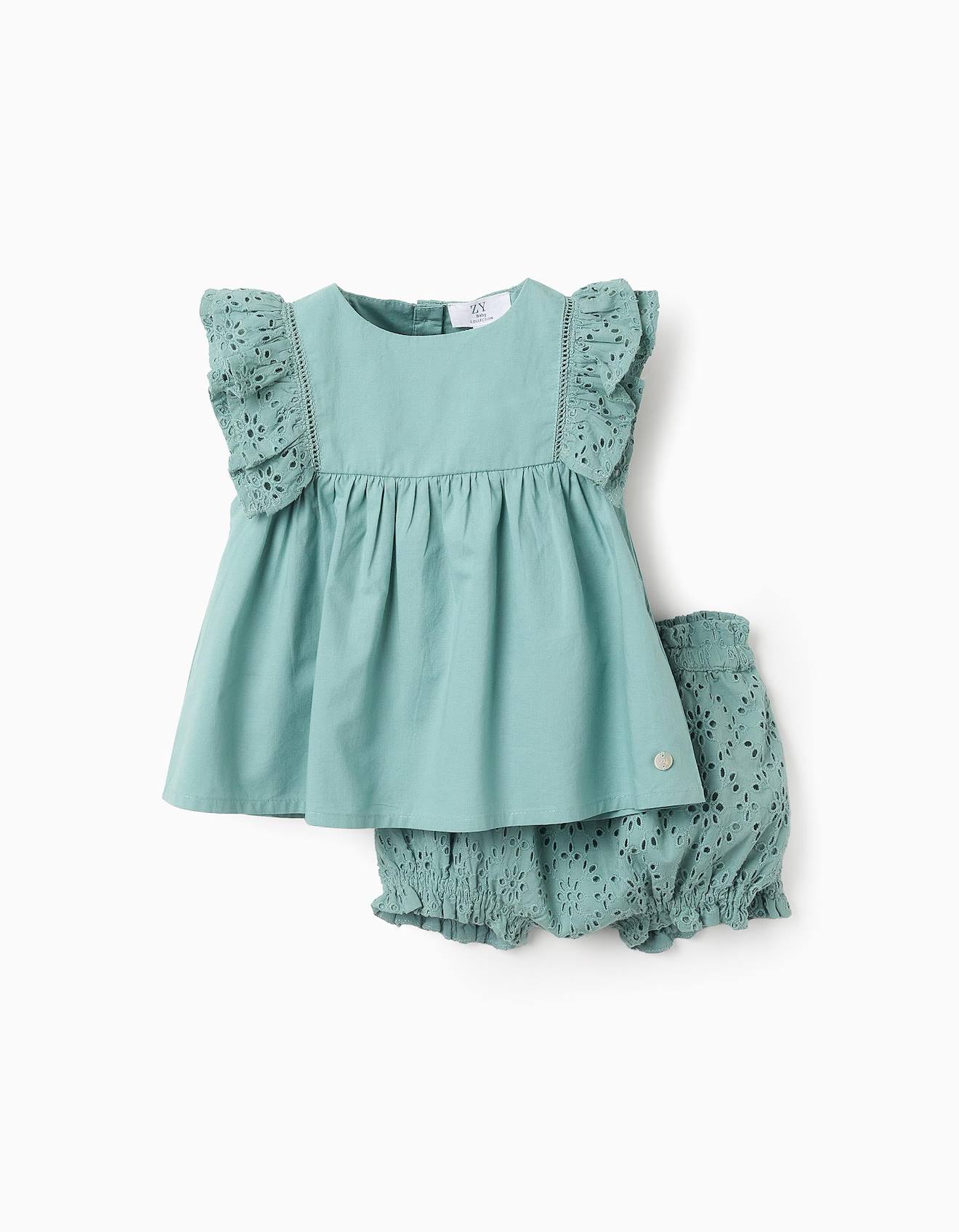 Top + Short Avec Volants Et Broderie Anglaise Vert Clair