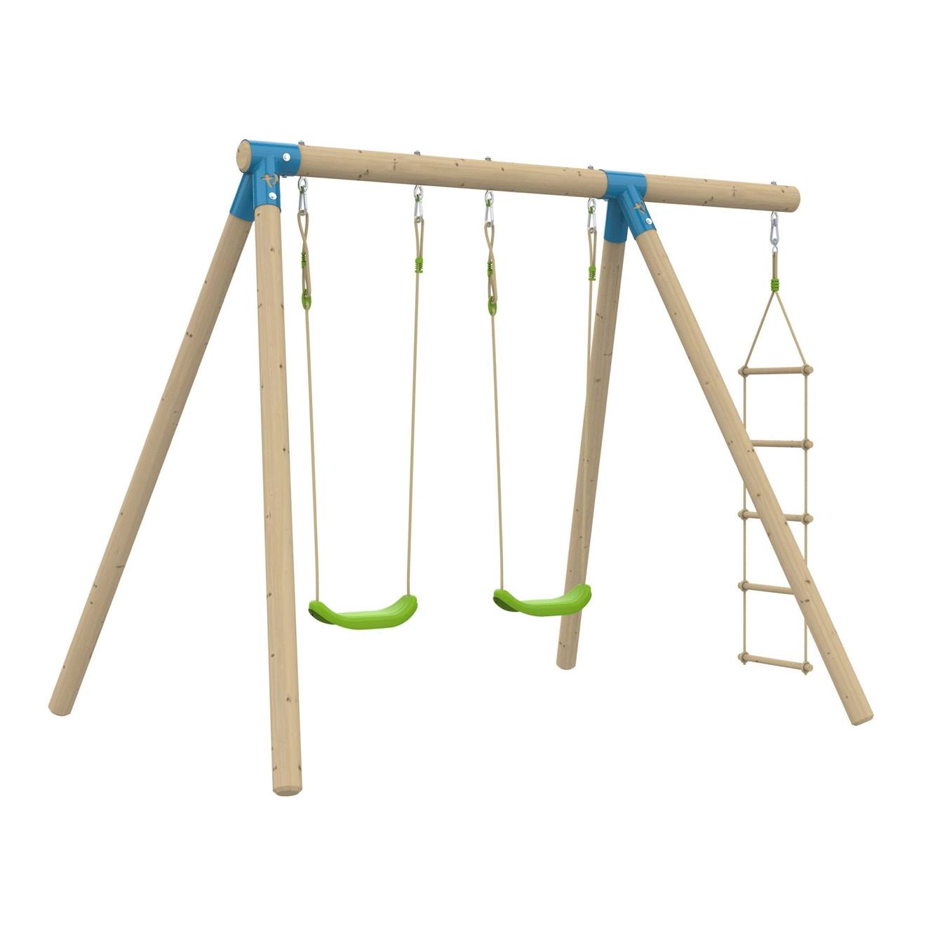 Portique 2 Balançoires Amandier Bois H190cm Marron - Bleu - Vert