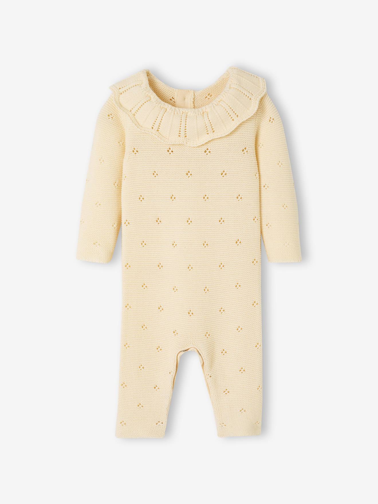 Combinaison naissance en tricot maille fantaisie écru