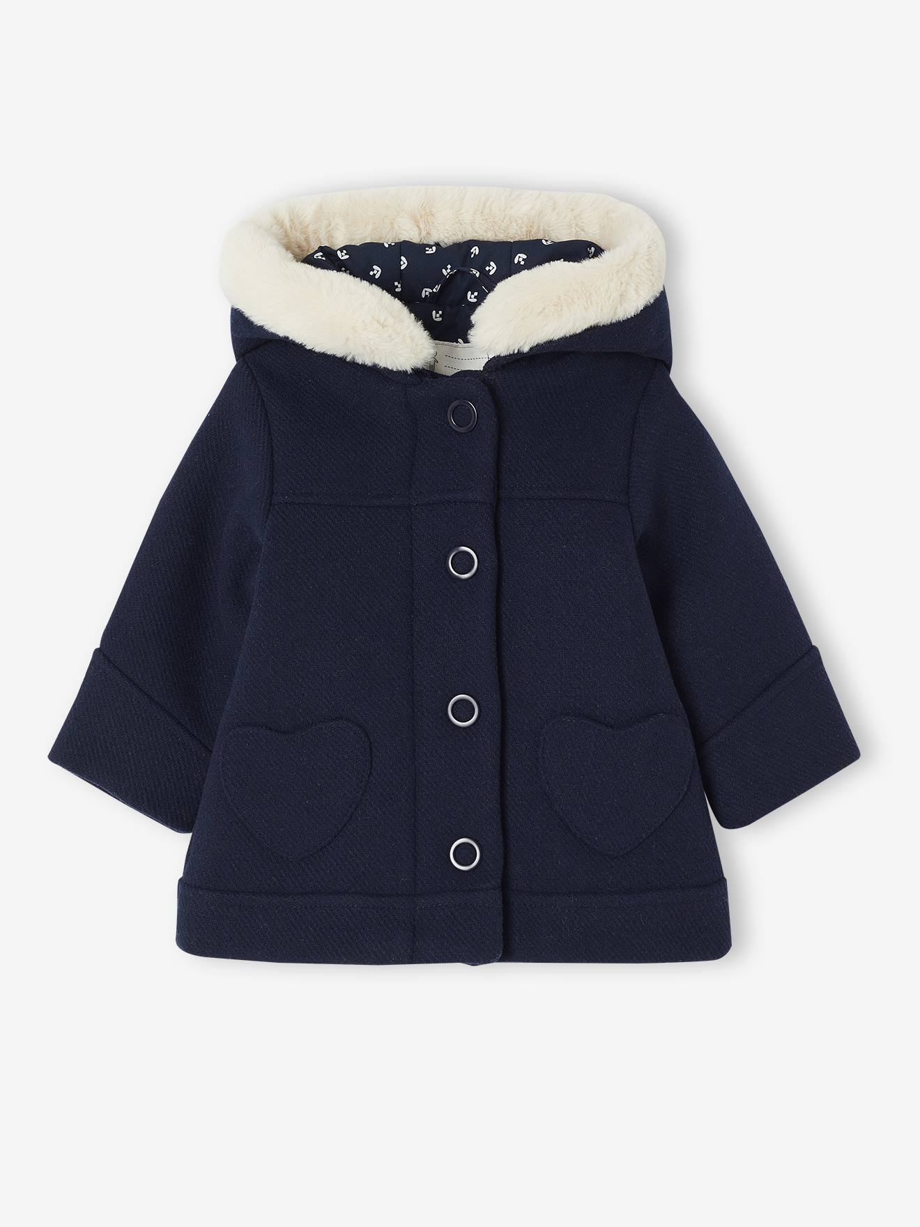 Manteau à capuche bébé fille drap de laine marine