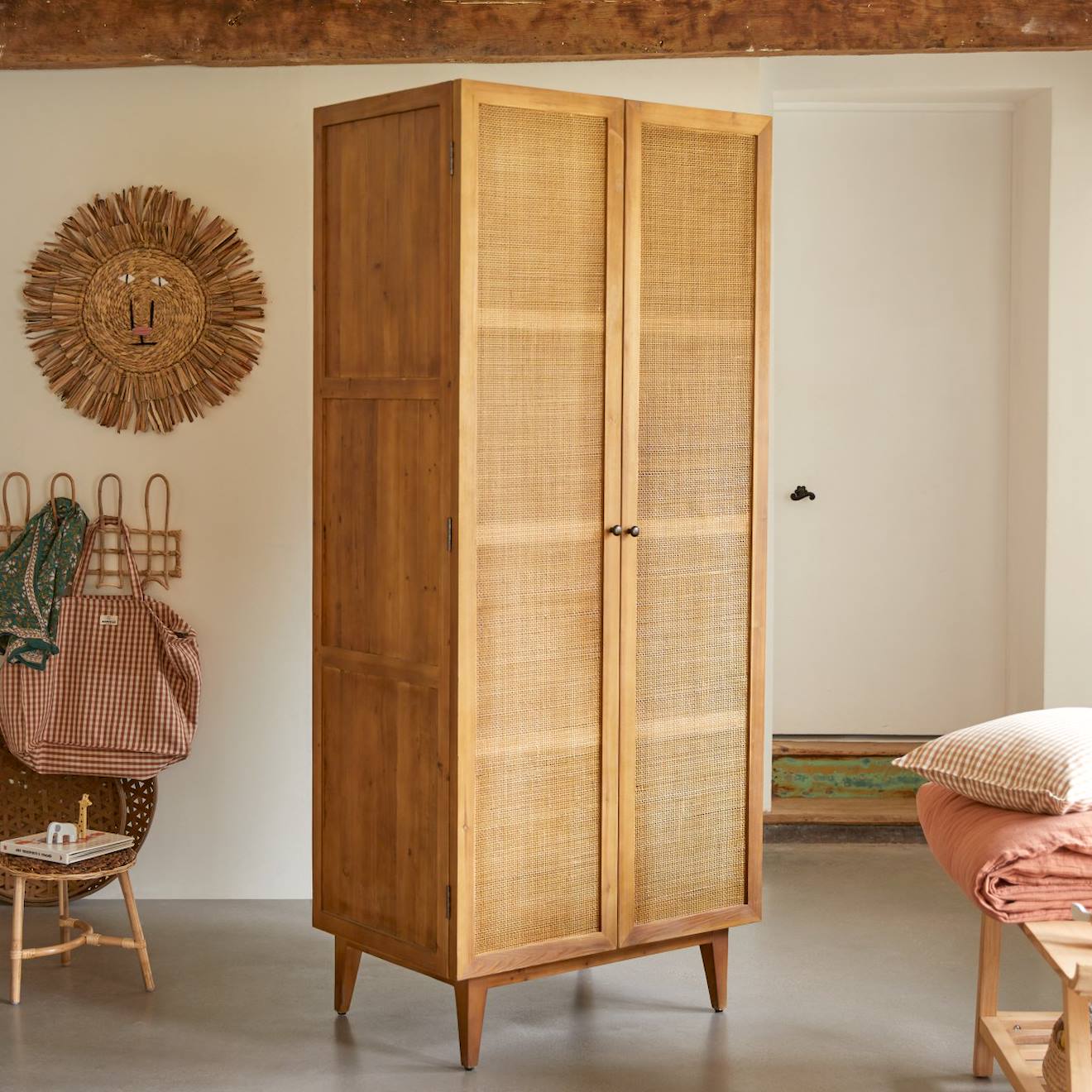 Armoire Enfant En Bois De Pin Et Cannage 200 Ninon Naturel