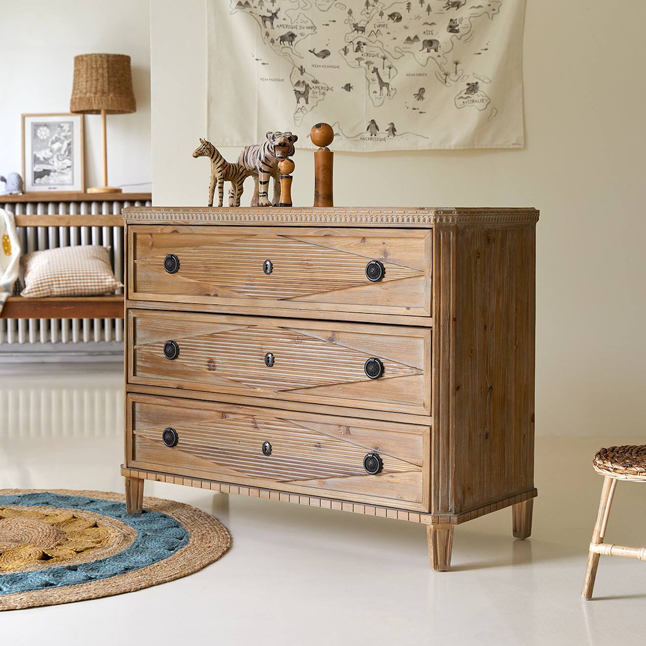 Commode Enfant En Bois De Pin Massif Recyclé 3 Tiroirs Emily Naturel