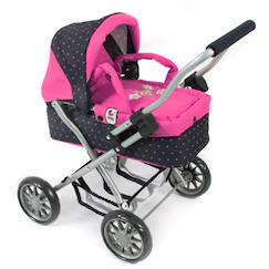 Jouet-Poussette pour poupée smarty - rose fleuri et marine à pois