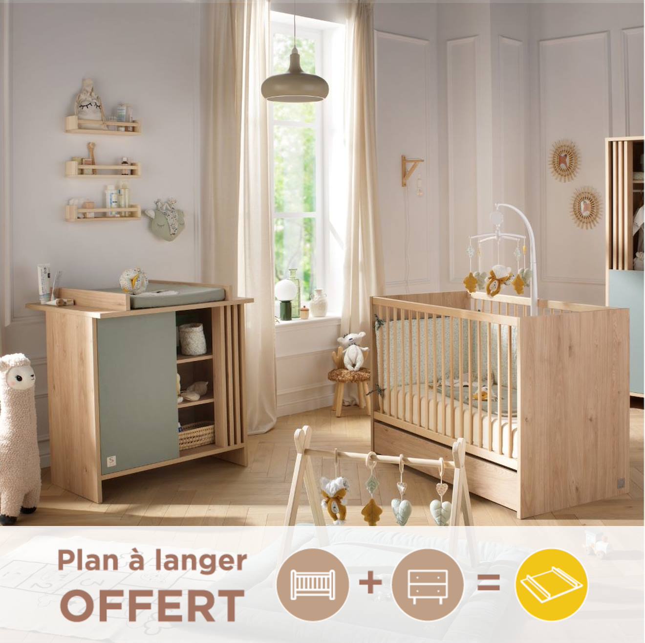 Chambre Bébé Complète, Lit Bébé Et Commode À Langer Avec Claustra - Tokyo Vert/marron