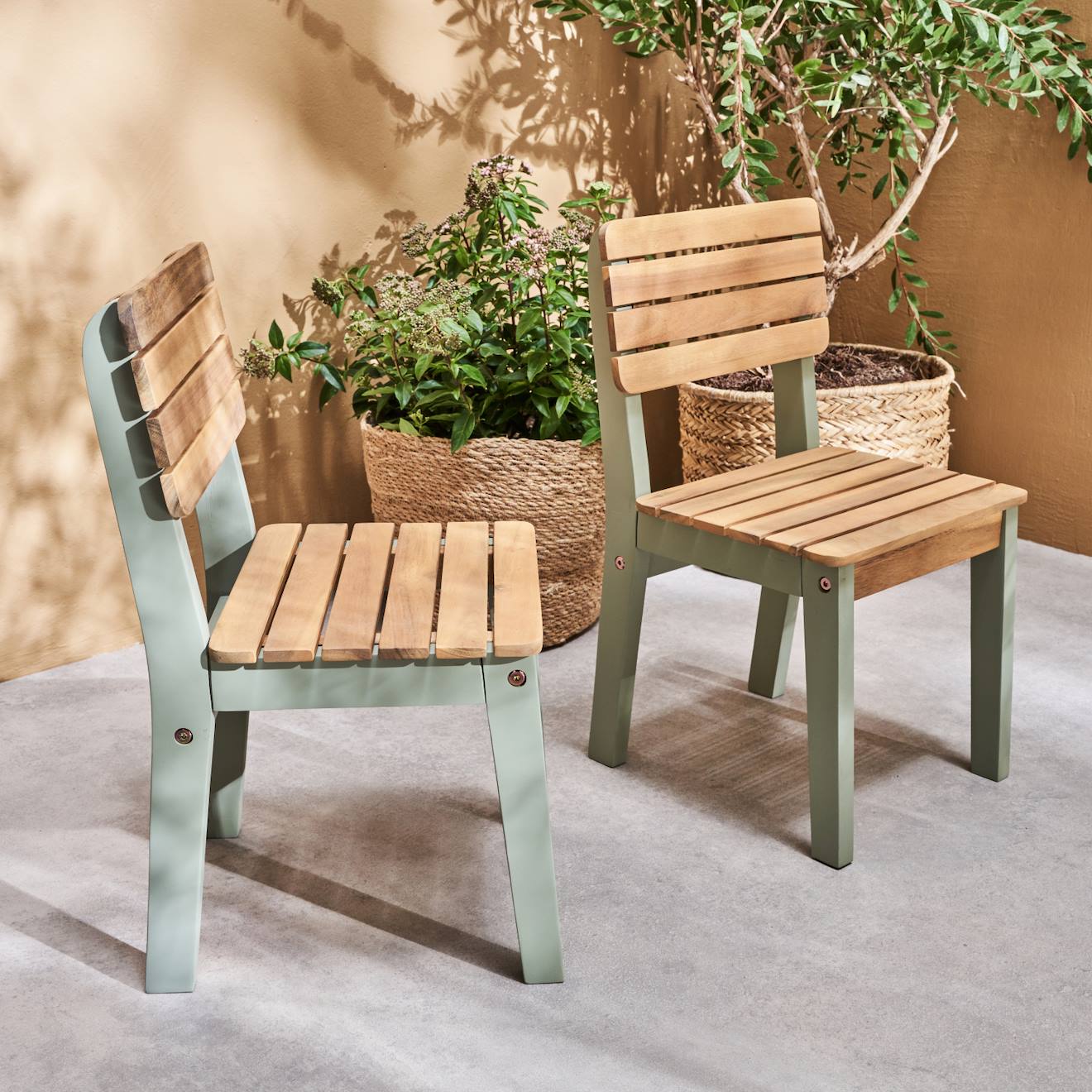 Chaise Bois Pour Enfant Intérieur/extérieur, Salon De Jardin Enfant Bois D'acacia (lot De 2) Caroline Vert De Gris