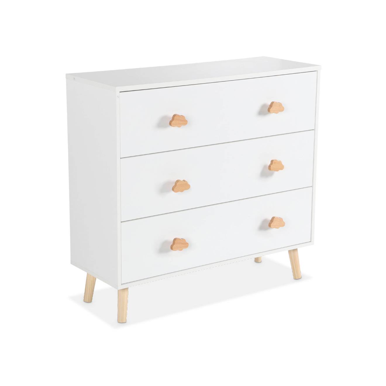 Commode Enfant, Décor Bois, 3 Tiroirs, Pieds Et Poignées Nuage En Pin Blanc (sweeek) - Image 1