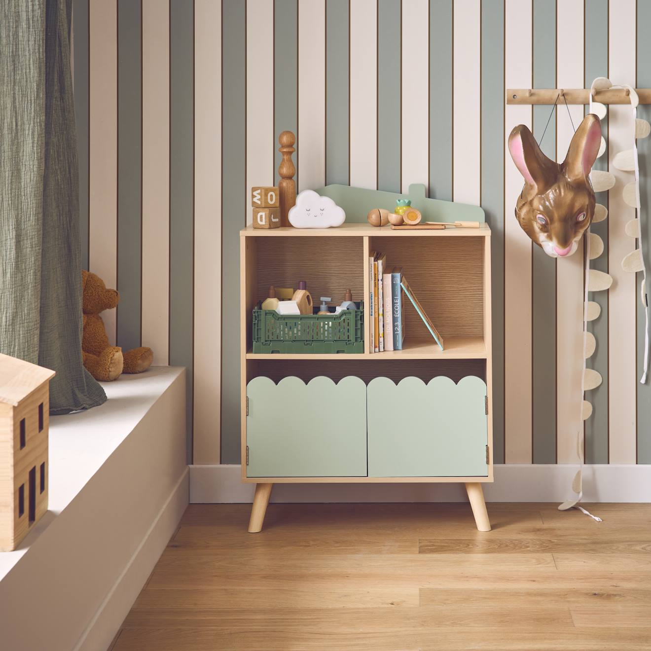 Bibliothèque enfant 2 étagères 2 portes vert