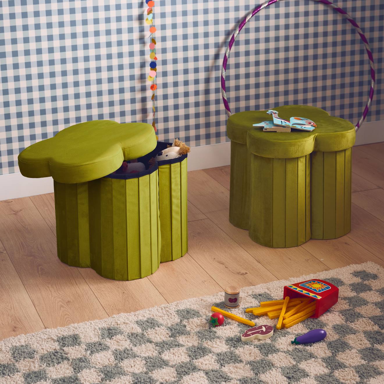 Tabouret-coffre Pour Pliant Pour Enfant Velours Fleur (lot De 2) Daphné Vert