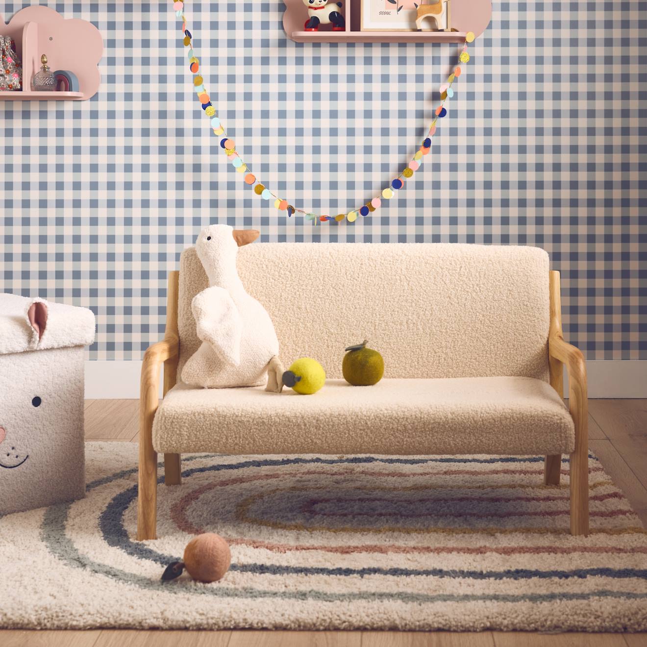 Banquette Scandinave Enfant En Bois Et Tissu Bouclette 2 Places Beige