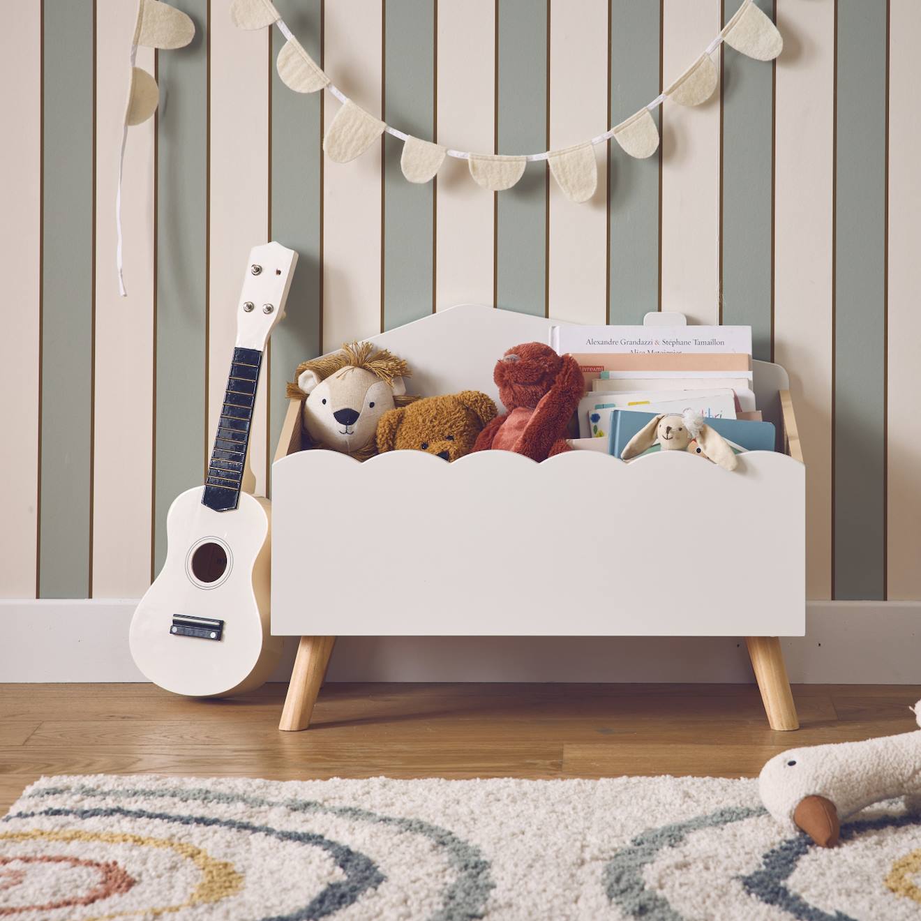 Coffre À Jouets Enfant Effet Bois Azur Blanc