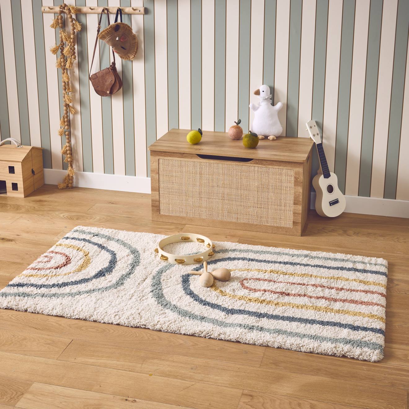 Tapis Enfant Arc-en-ciel, Tapis Intérieur Crème Et Multicolore, Poils Longs Shaggy Crème