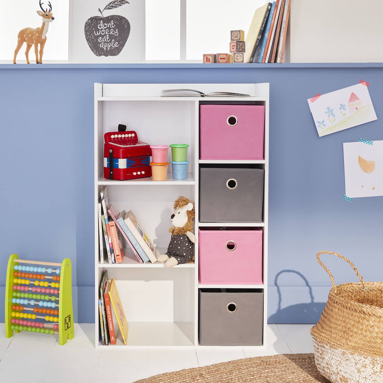 Meuble De Rangement Pour Enfant, Blanc - Camille - Avec 7 Compartiments Et 4 Paniers Rose