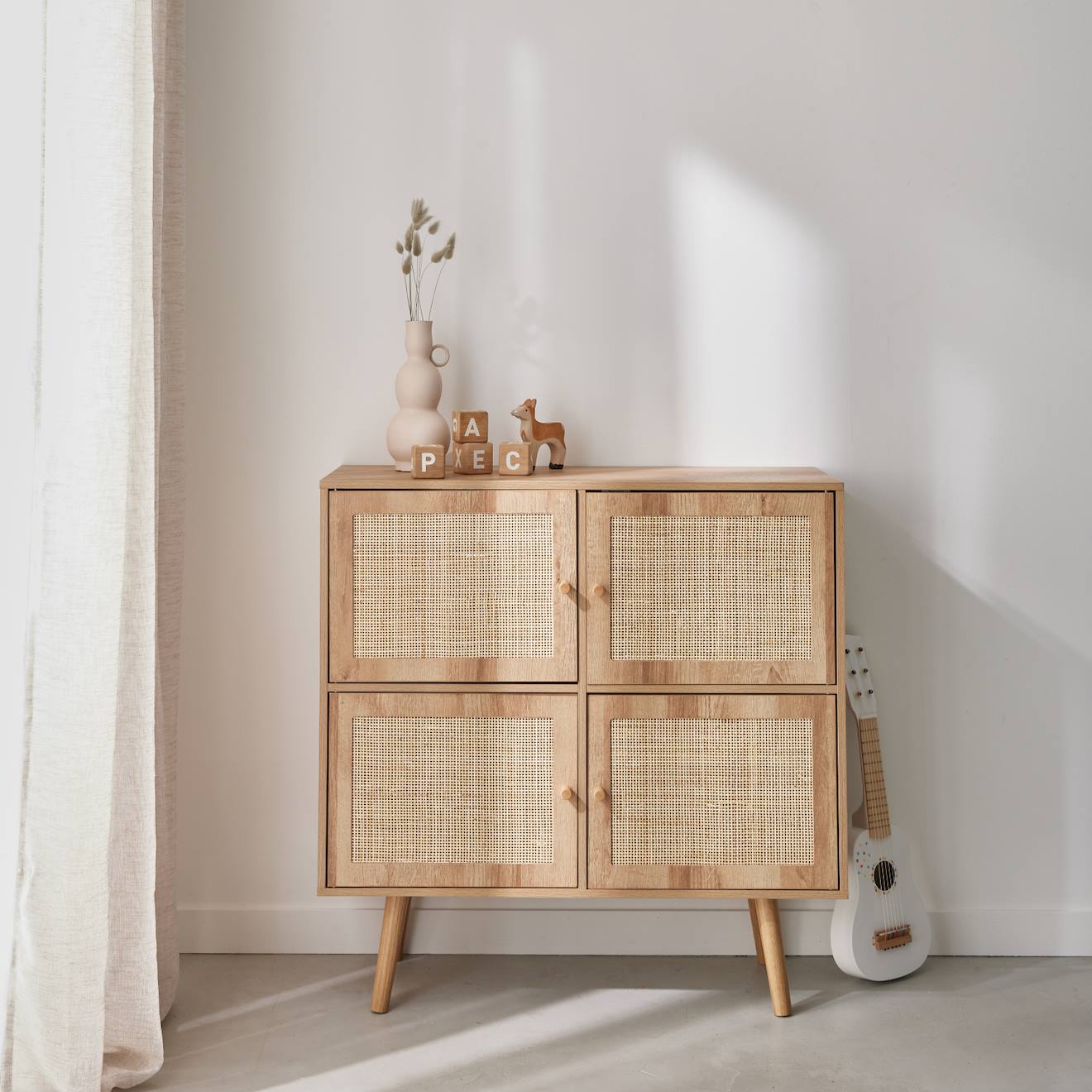 Commode Enfant Décor Bois Et Cannage 4 Portes Bohème Naturel