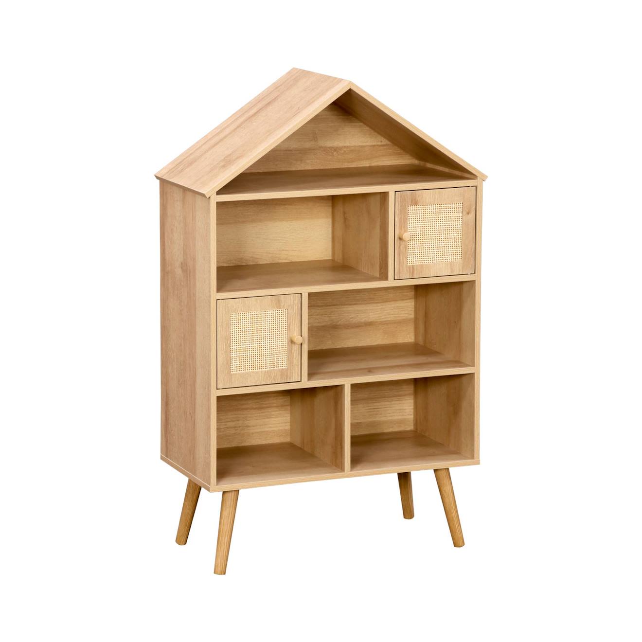 Etagère Bibliothèque Décor Bois, 7 Compartiments Et 2 Portes En Cannage Naturel (sweeek) - Image 2