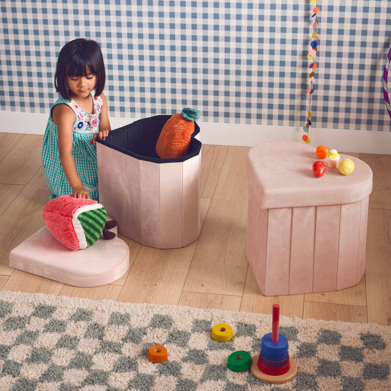 Tabouret-coffre Pliant Pour Enfant Velours Coeur (lot De 2) Joy Rose
