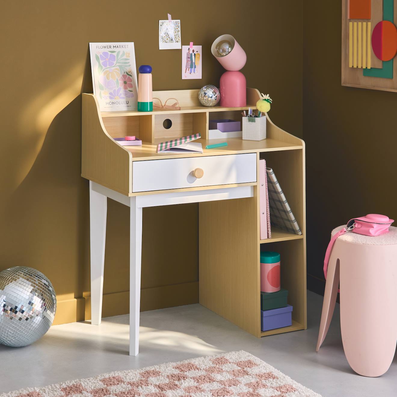 Bureau Enfant Avec Tiroir Et 3 Étagères, L 80 X P 50 X H 96 Cm Blanc Et Naturel