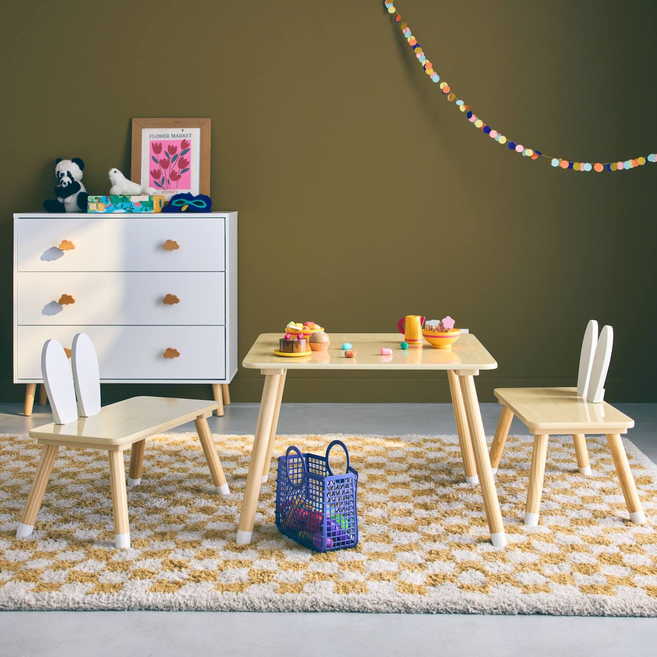 Table Enfant Décor Bois 2 Chaises Forme Lapin Ben Blanc
