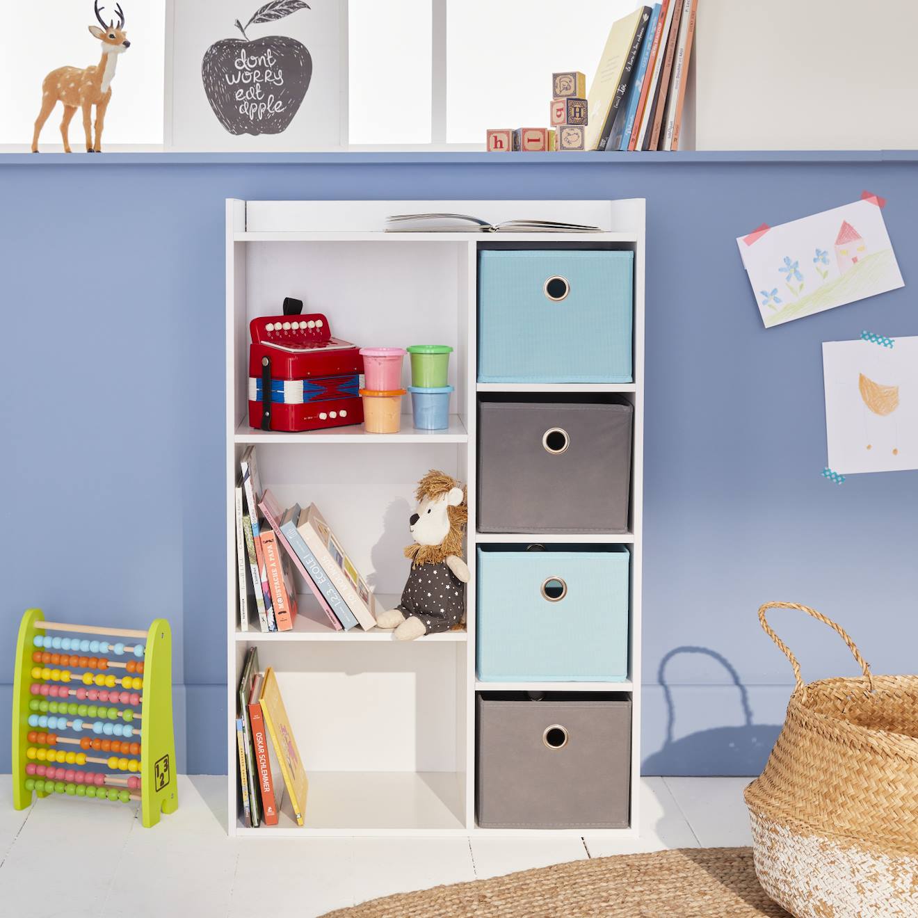 Meuble De Rangement Pour Enfant, Blanc - Camille - Avec 7 Compartiments Et 4 Paniers Bleu