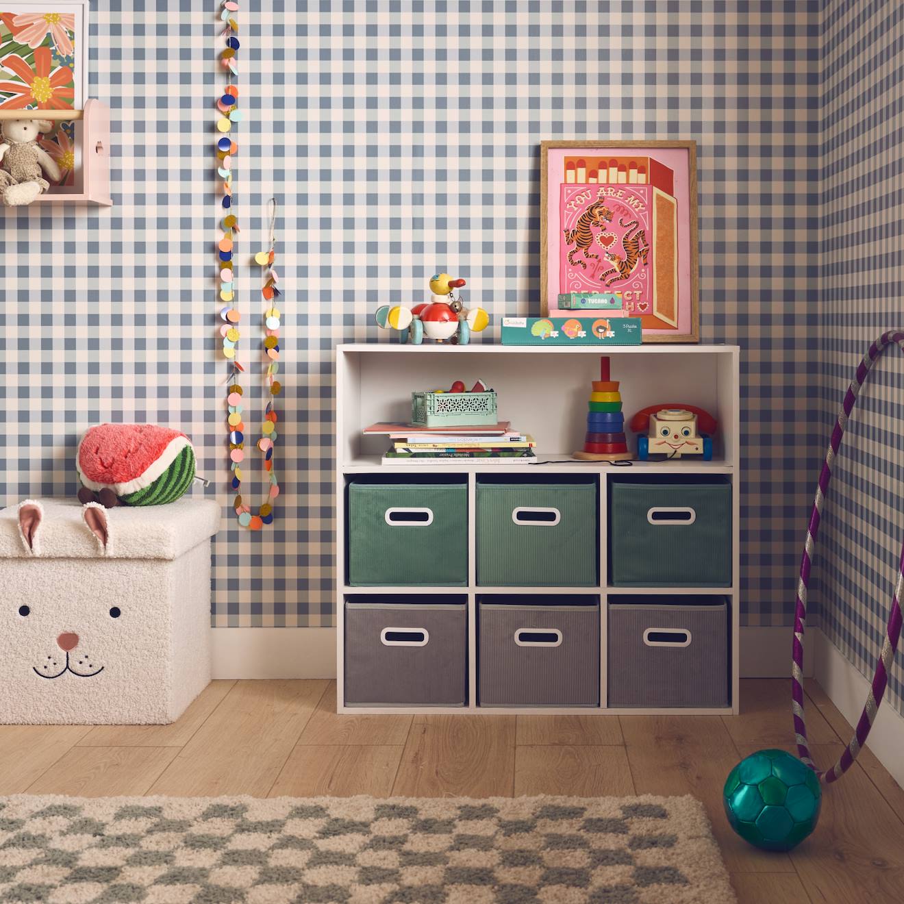 Meuble De Rangement Pour Enfant Camille Avec 7 Compartiments Et 6 Paniers En Velours Vert