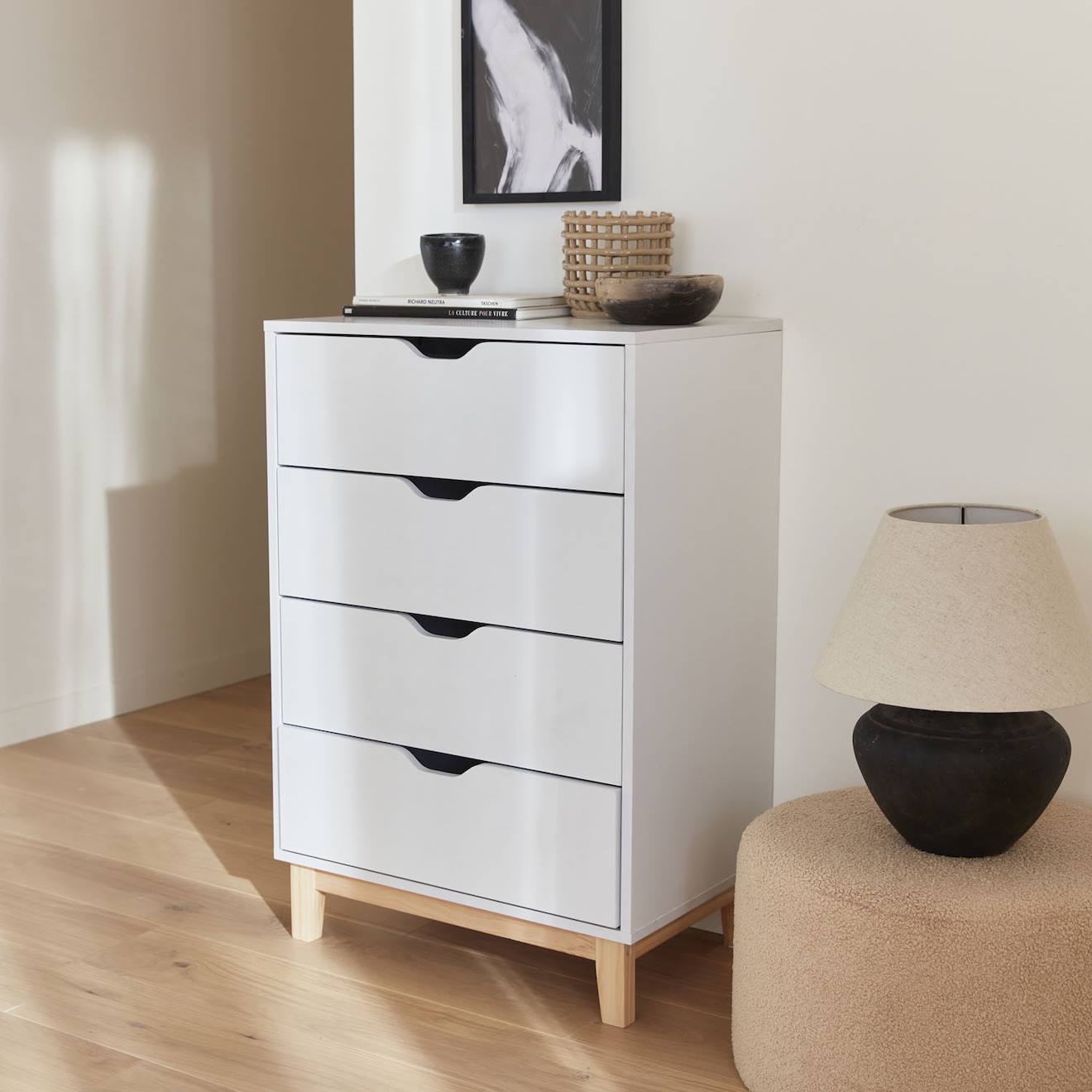 Commode blanche scandinave - floki - chiffonnier avec pieds en bois de sapin, 4 tiroirs, 60x40x90cm blanc