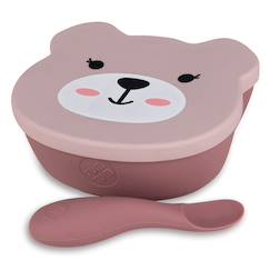 Puériculture-Repas-Vaisselle, coffret repas-Bol à ventouse en silicone + cuillère - ourson rose