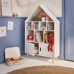Etagère bibliothèque maison pour enfant - tobias- bois massif en pin naturel blanc - 3 niveaux, 8 compartiments, 2 portes  - vertbaudet enfant