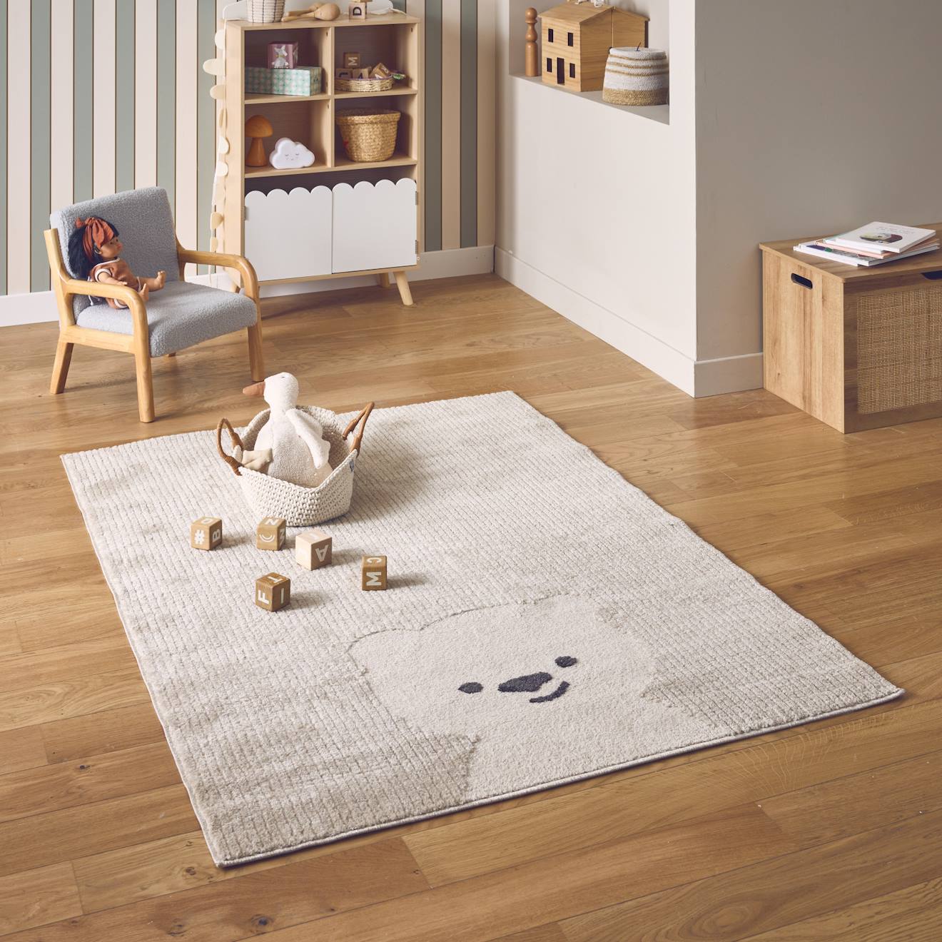 Tapis Enfant Beige / Crème, Tapis Intérieur Petit Ourson, Poils Ras, Tapis Frisé Très Doux Beige