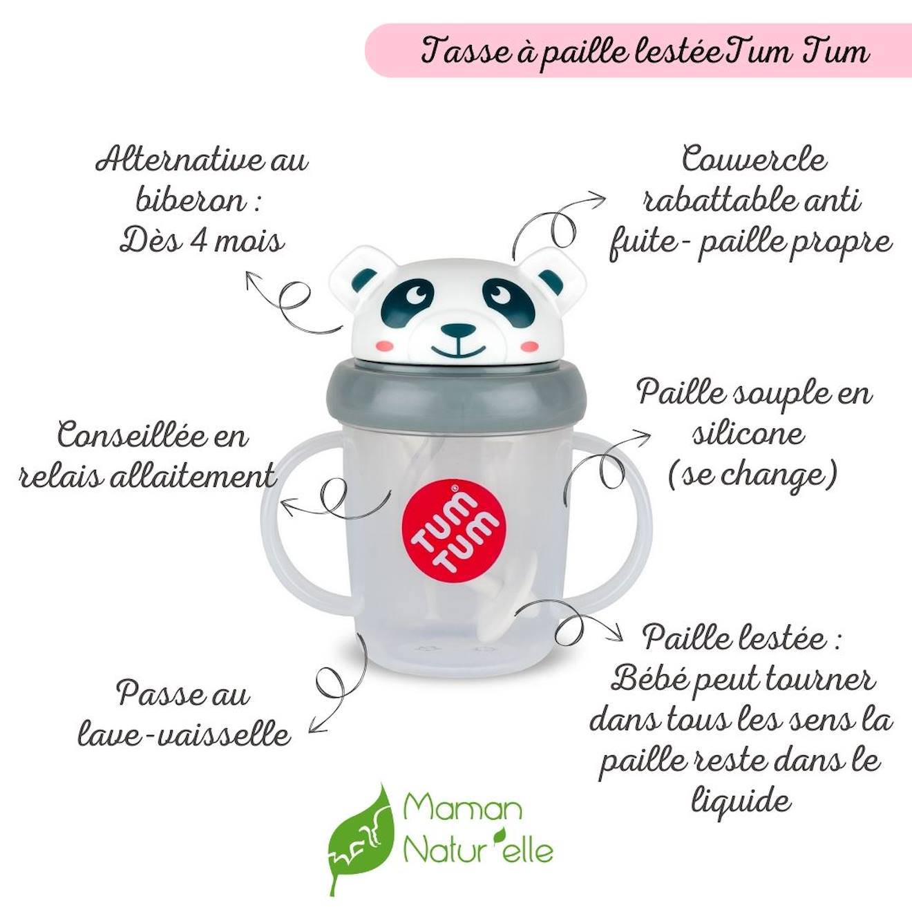Tasse Anti Fuite + Paille Lestée Panda - V3 Gris (TUMTUM) - Image 1