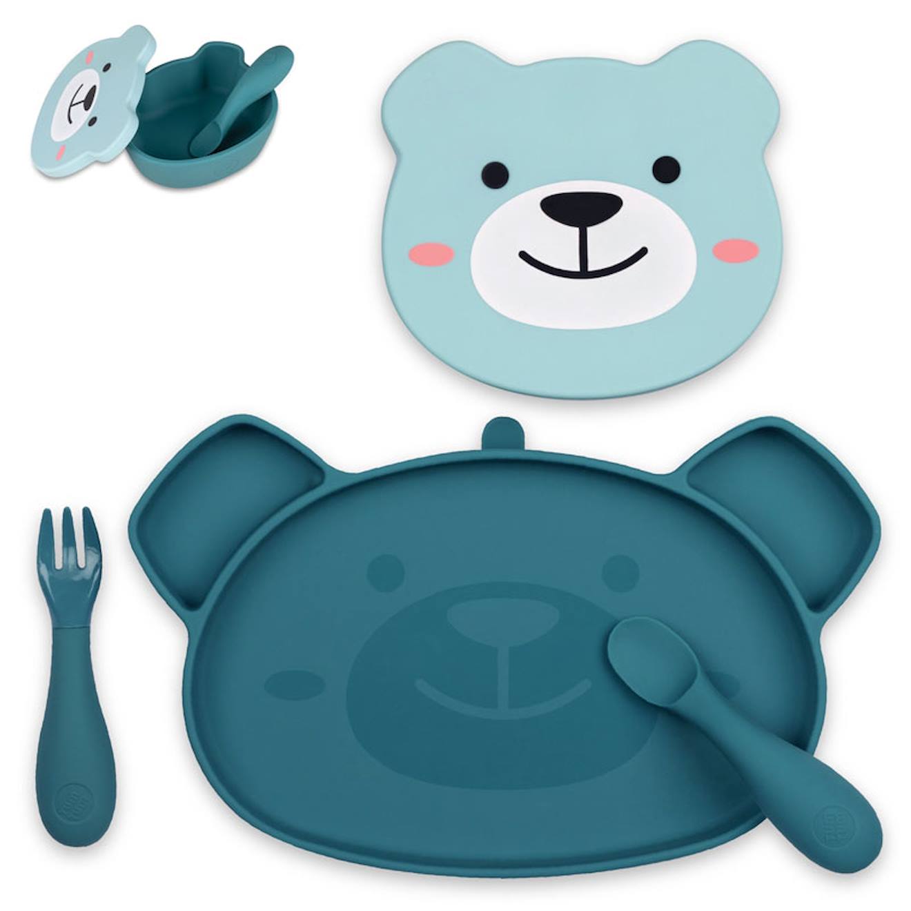 Assiette + Bol Ventousés En Silicone Ourson Bleu Bleu