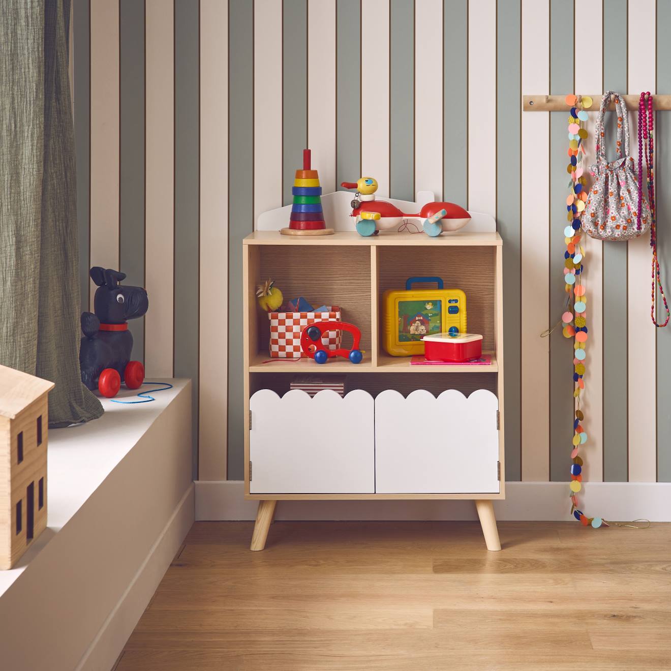Bibliothèque Enfant Décor Bois 2 Étagères 2 Portes Azur Blanc