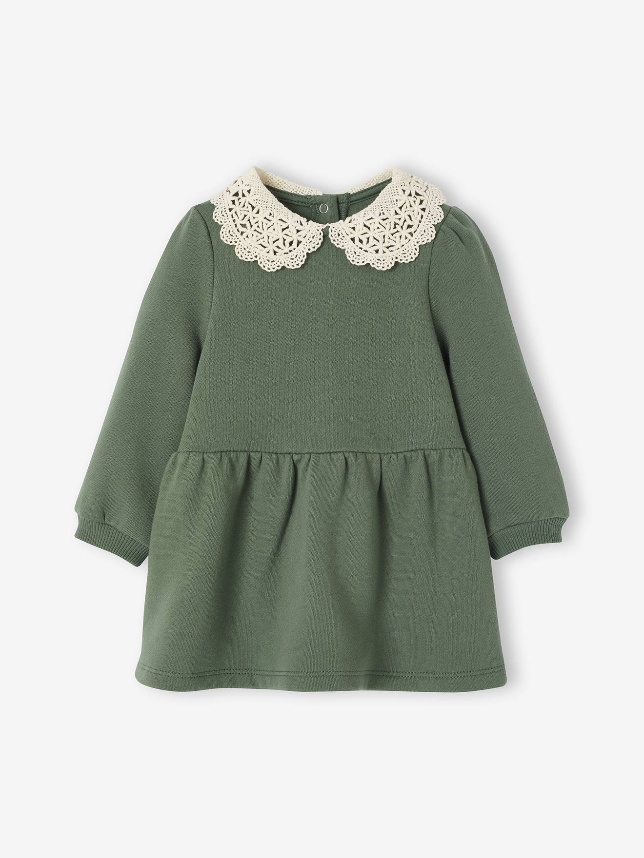 Robe bébé en molleton avec col en crochet vert