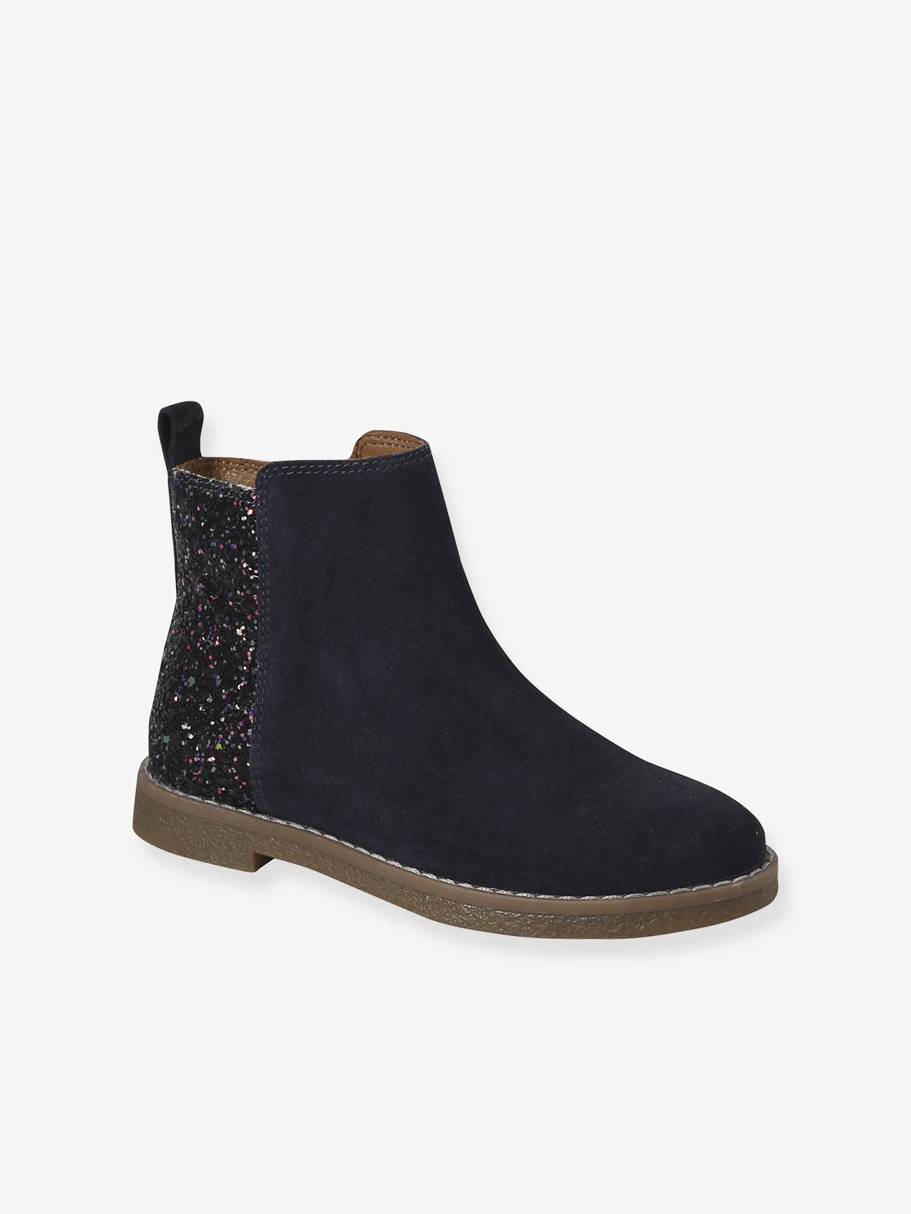 Boots enfant fille cuir et glitter zippées marine