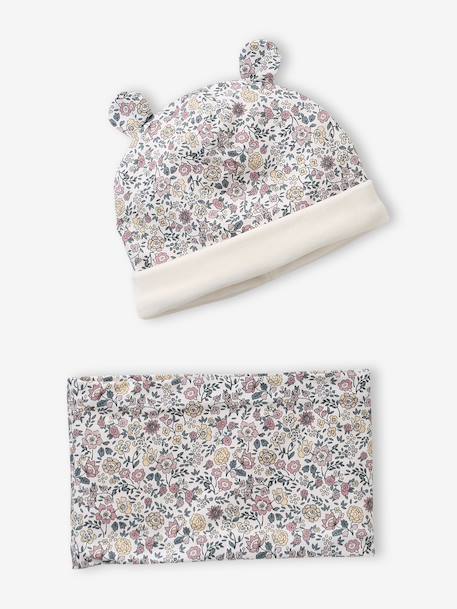 Ensemble bonnet et snood bébé imprimé fleuri doublé sherpa rose imprimé 1 - vertbaudet enfant 